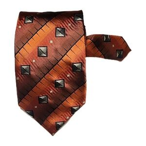 EMILIO PONTI Handmade 100% Silk Tie Men's Orange Brown Squares And Stripes Nice!
